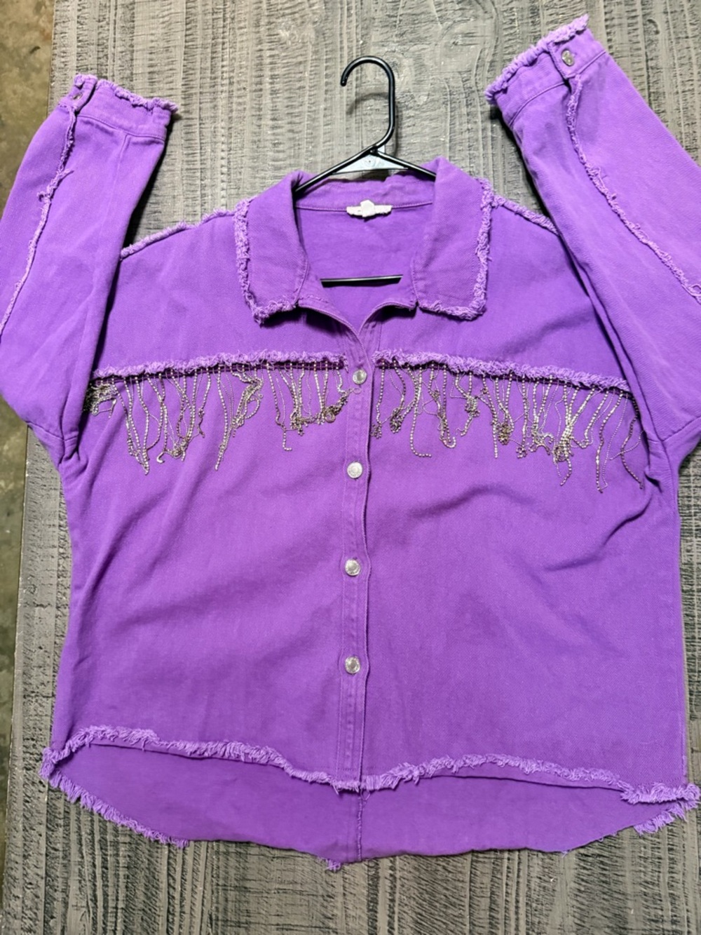 Fringed Purple Button-Down Denim Jacket by GeeGee